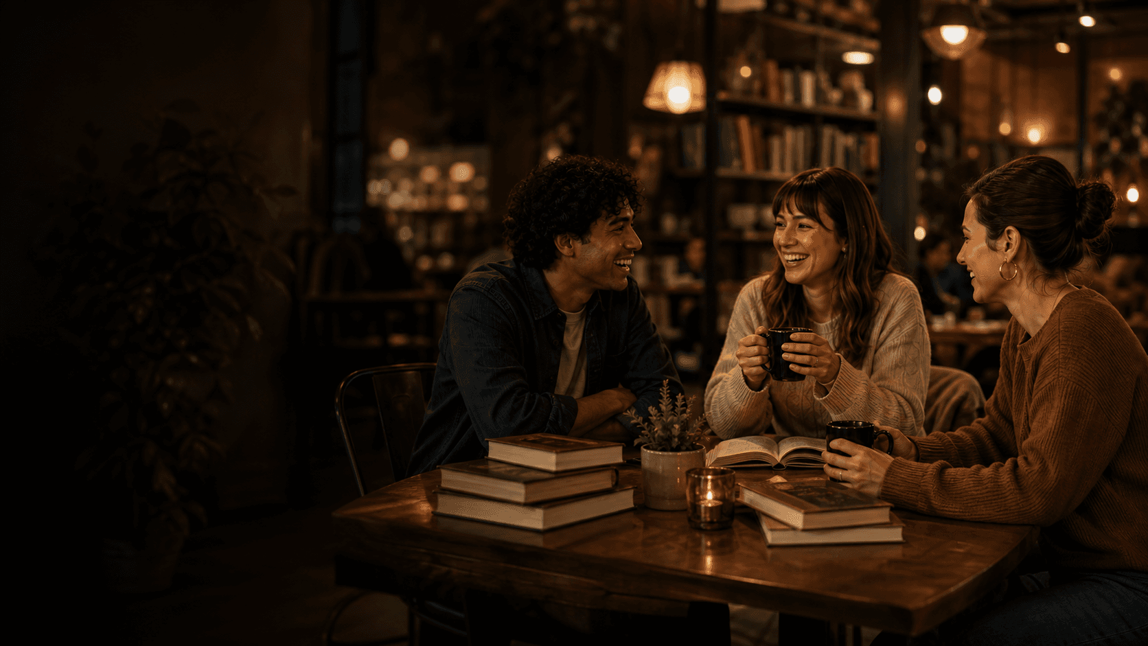 Amigos conversando sobre libros en un café