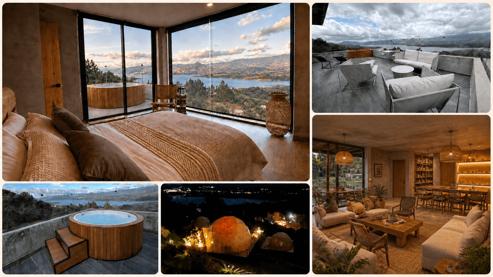 Habitación, sala común referencial, terraza, jacuzzi y domos de Nature Luxury Glamping