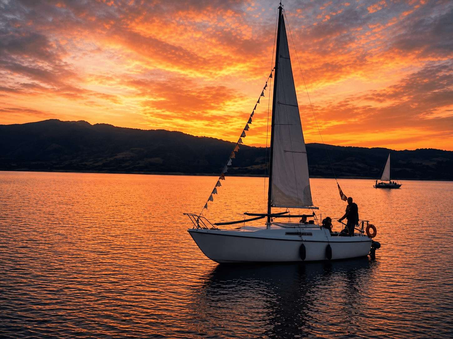 Velero navegando por la represa durante el atardecer