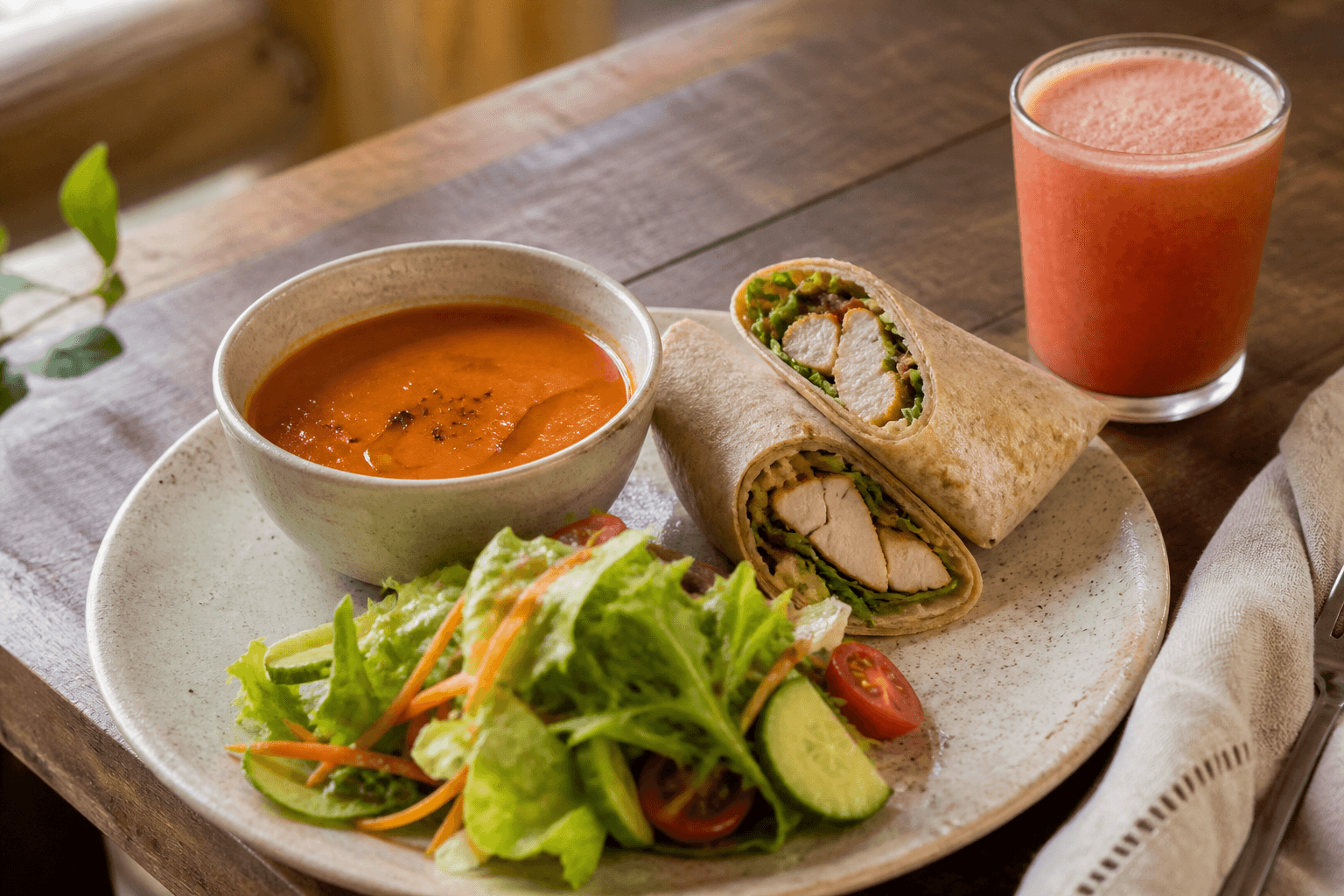 Crema de tomate, wrap de pollo y ensalada de referencia