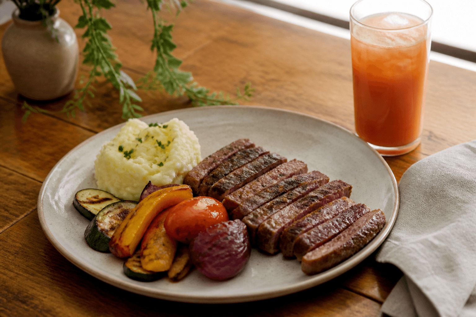 Lomo, vegetales a la parrilla y puré de papa de referencia